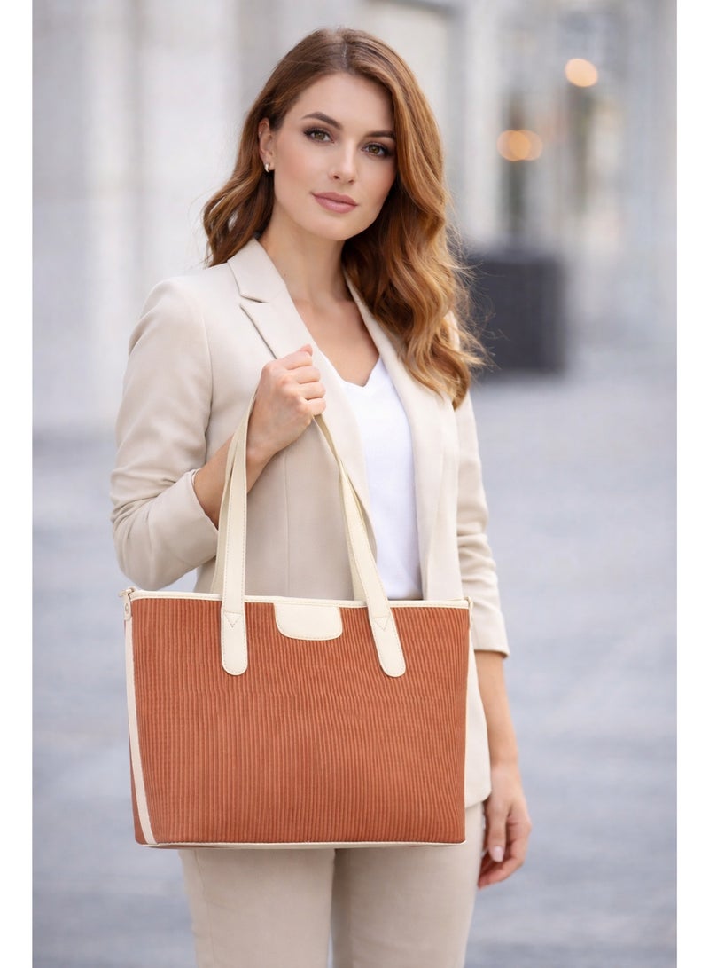 حقيبة يد نسائية فاخرة ذات ملمس مضلع - حقيبة يد أنيقة بلونين مع حزام كتف قابل للفصل - بني فاتح وبيج - Image 2